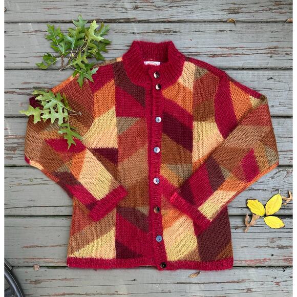 Vintage Talbots Hand Knit Red Mohair Blend Fluffy Grannycore Cardigan Sz P - Picture 1 of 13